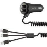 Budi 3.4A 2-Port Car Charger with 3-in-1 USB-C/Lightning/Micro USB Cable (Black)