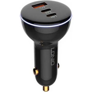 LDNIO C102 Car Charger with USB, 2x USB-C Ports, 160W Output, and USB to USB-C Cable (Black)