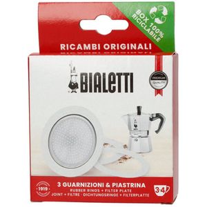 Bialetti Moka Express filterplaatje en drie rubber ringen 3/4 kops