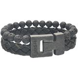 JOSH Heren Leren Armband met Lavasteen Zwart | 24981-BRA