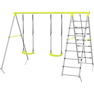 Outsunny kinderschommelset, veilig en duurzaam, met klimnet en sportenladder, voor kinderen van 3-8 jaar, stalen frame, groen | Aosom.nl