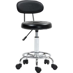 HOMCOM Kruk op Wielen, Draaibaar en In Hoogte Verstelbare Kruk met Rugleuning, Kunstleder, Voetsteun, voor Kaptafels, Zwart