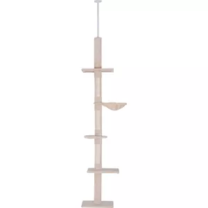 PawHut Krabpaal Plafondhoogte, 225-255 cm Krabpaal voor katten met kattenhol, kattenboom met speelbal, hangmat, klimboom voor katten tot 5 kg, kattenmeubels, pluche, beige