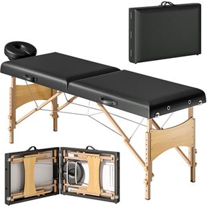 HOMCOM Hoogteverstelbare Massagetafel met Houten Frame, Opvouwbaar Massagebed met Schuimvulling, Zwart