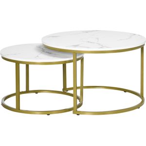 HOMCOM Bijzettafel set, 2 delige tafelset, Ø74 & Ø59 cm, Marmerlook, Frame in goud