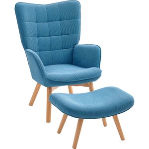 HOMCOM Accentstoel met Hocker, Relaxfauteuil in Corduroy-Look, Armstoel met Houten Poten, voor Woonkamer, Blauw