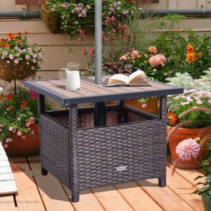 Outsunny polyrotan bijzettafel, multifunctionele tuintafel met zandzak voor parasol, weerbestendig, 55,5 x 55,5 x 46 cm, bruin | Aosom.nl