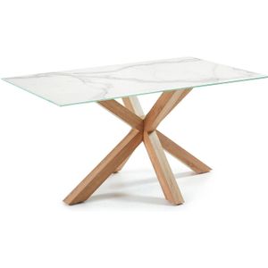 Kave Home Argo, Argo tafel in wit porselein met hout-effect stalen poten 160 x 90 cm