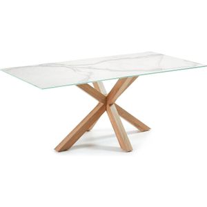 Kave Home Eettafel Argo, Argo tafel in wit porselein met hout-effect stalen poten 200 x 100 cm (mtk0172)