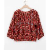 Imprimétops - Donkerrood - Top - Driekwart Raglan Pofmouwen - Ronde Hals - Ikat Print