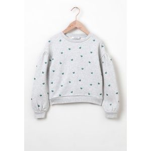 Lichtgrijze Sweater Met Pofmouwen En Hartjes Embroidery