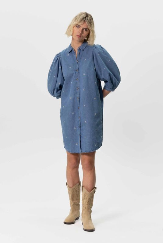 Sissy-Boy - Denim Jurk - Korte - Met Pofmouwen en Madeliefjes Embroidery