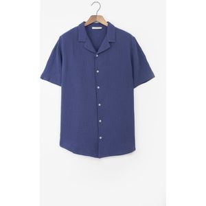 Donkerblauw Mousseline Overhemd Met Korte Mouwen