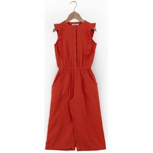 Rood mousseline jumpsuit met ruffle details