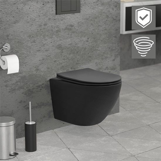 Wand-WC Hänge Toilette aus Keramik Matt Schwarz 49 cm lang Spülrandlos mit Nanoversiegelung & Softclose Luxebath