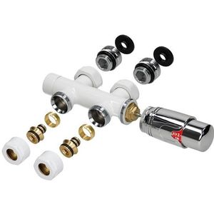 Ventil Armaturen Set Multiblock Weiß Durchgangsform inkl. Thermostatkopf LuxeBath