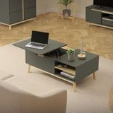 Couchtisch 100x56 cm in Mattgrün aus MDF & Kiefernholz mit höhenverstellbarer Tischplatte Wohnzimmertisch ML-Design
