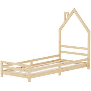 Kinderbett Haus 90x200 cm Natur Hausbett für Kinder Holzbett mit Lattenrost Schornstein Design ML-Design
