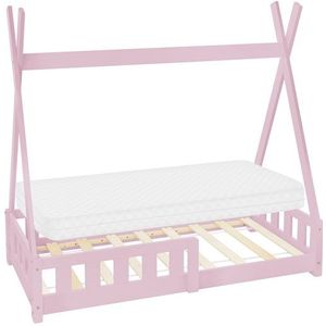 Kinderbett Tipi 70x140 cm Rosa aus Kiefernholz inkl. Matratze H-10cm Rausfallschutz und Lattenrost ML-Design