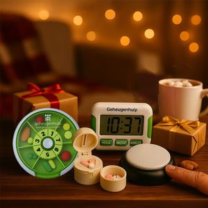 Zorg cadeaubox - pillendoos, medicijnalarm, Nederlandssprekende tijdknop en pillensnijder