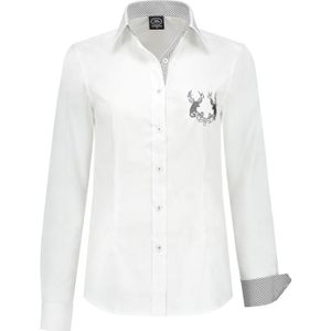 Damesblouse wit, grijs karo, hert borduur op borst