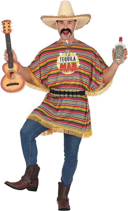 Tequila Man - Kostuum - Kleurrijk Gestreept - Poncho met Riem