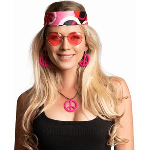 Hippiekostuum voor dames en heren, set 60, 70 en 80 stijl, hippie- accessoires, kleding met T-shirt, hippiebril, peace, ketting, pruik, hoofdband, disco, hippiekleding, carnavalskostuums, Meerkleurig