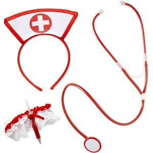 Widmann - 9864Y - Verpleegsterkostuum Set - Rood en Wit - Inclusief Hoofdband en Stethoscoop