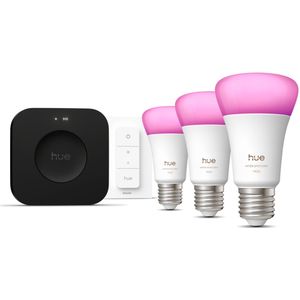 Philips Hue White & Color Ambiance Starterkit: 3 E27 Slimme Lampen + Dimmer Switch + Bridge Pro