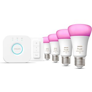 Philips Hue White & Color Ambiance Starterkit: 4 E27 Slimme Lampen (1100) + Dimmer Switch