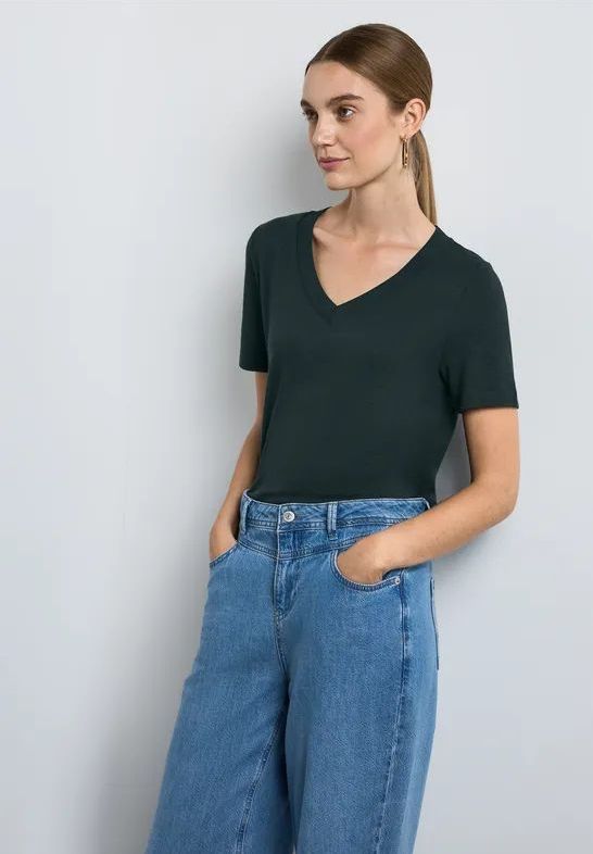 Street One - T-shirt - Lichtgewicht - V-hals - Korte Mouwen - Aangename Materiaalmix