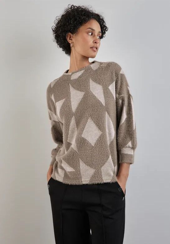 Street One - Dames - T-shirt - Bruin - Fluffy Materiaal