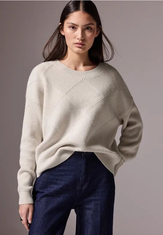 Pullover - Cream White Melange - Gebreide Trui - Korte Gebreide Trui - Ronde Hals