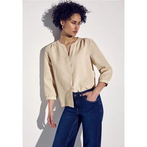 Street One - A345536 - Damesblouse - Beige - Seersucker - Geruit Patroon