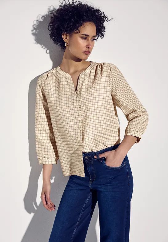 Street One - A345536 - Damesblouse - Beige - Seersucker - Geruit Patroon