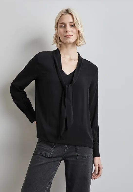 Street One - Blouse - Zwart - Dames - V-hals met Strik