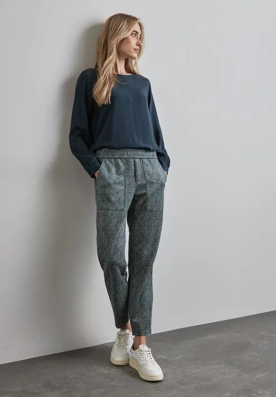 Street One - Bedrukte Velours Broek - Groen - Dames