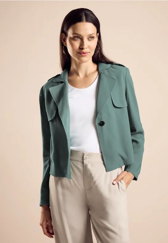 Street One - Korte Trenchcoat - Groen - Lichtgewicht - Reverskraag - Lange Mouwen - Knoopsluiting