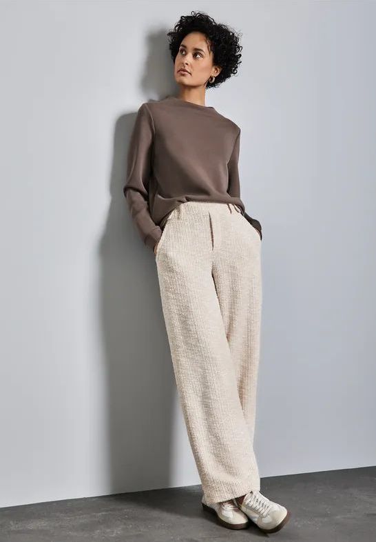 Street One - Bouclé Damesbroek - Smooth Sand Beige - Hoge Taille - Rechte Pijpen