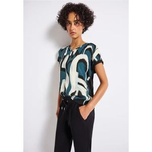 Street One Dames Materiaalmix V-hals Shirt in Turkoois, in size: 34