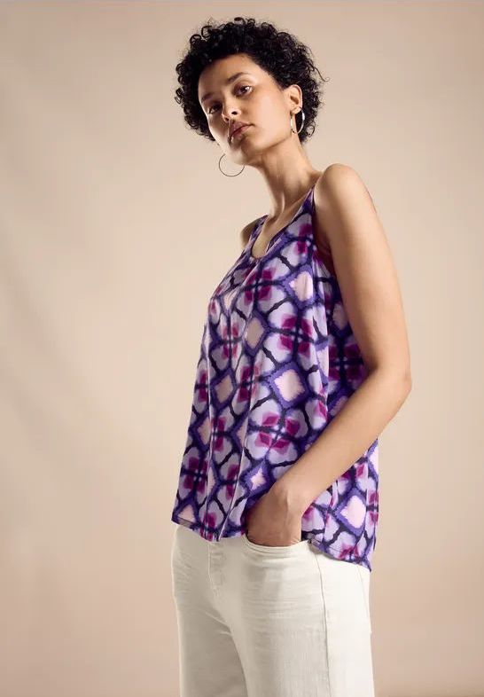 Street One - Blousetop - Paars - Dames - Mouwloos - Ronde Hals - Grafisch Patroon