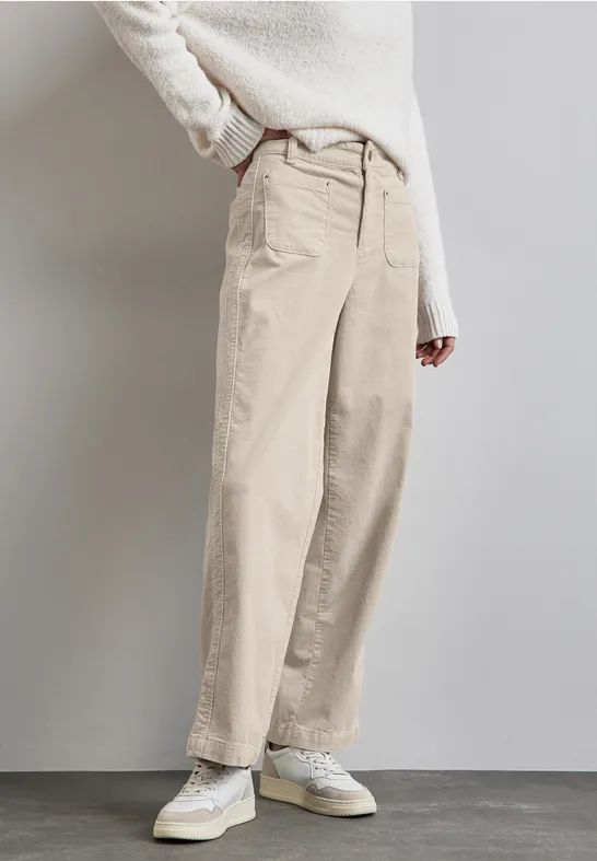Street One - A378288 - Corduroy Broek - Kiezelbeige - Dames - Hoge Taille