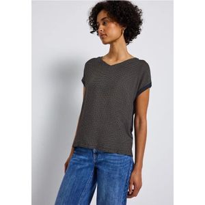 Street One Dames Materiaalmix V-hals Shirt in Blauw, in size: 34