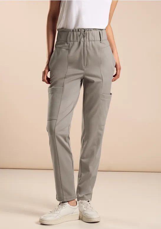 Street One - Paperbag-broek - Beige - Hoge Taille - Strakke Pijpen