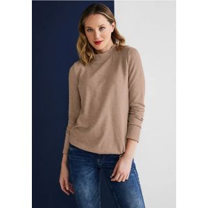 Street One - Dames Shirt - Beige - Structuur - Lange Mouwen - Opstaande Kraag