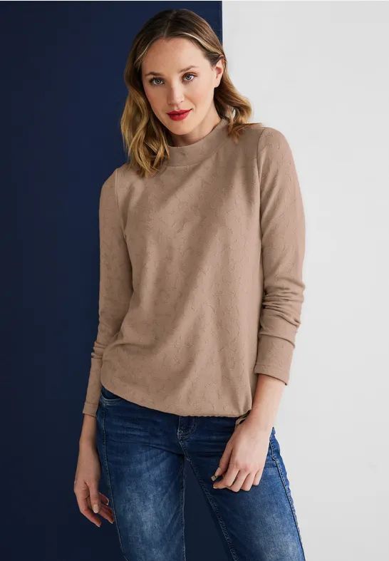 Street One - Dames Shirt - Beige - Structuur - Lange Mouwen - Opstaande Kraag