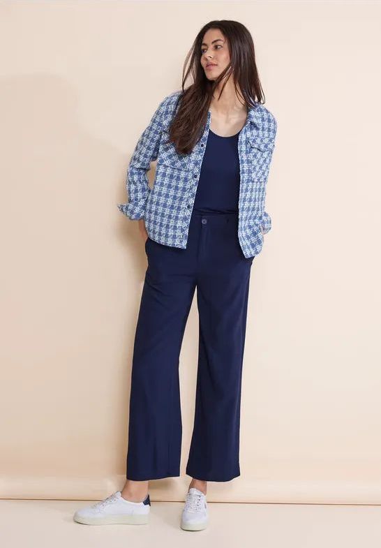 Street One - Kort Bouclé Jasje - Blauw - Ruitpatroon - Binnenvoering