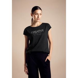 Street One Dames T-shirt met wording in Zwart, in size: 34