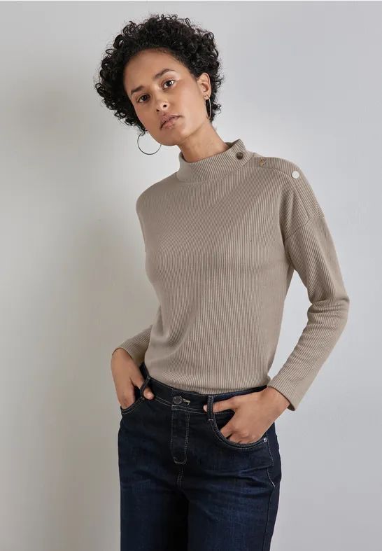 Street One - A322244 - T-shirt - Lichtbeige - Gestructureerd met Knopen voor Dames