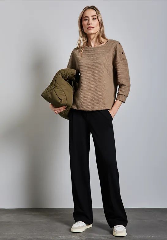 Street One - Dames Shirt - Beige - Met Structuur en Knopen